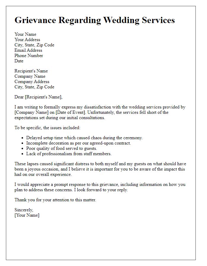 Letter template of grievance regarding wedding services.