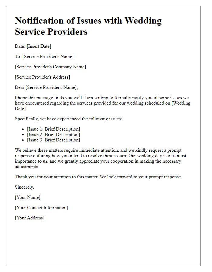 Letter template of notification of issues with wedding service providers.