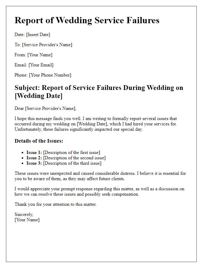 Letter template of reporting wedding service failures.