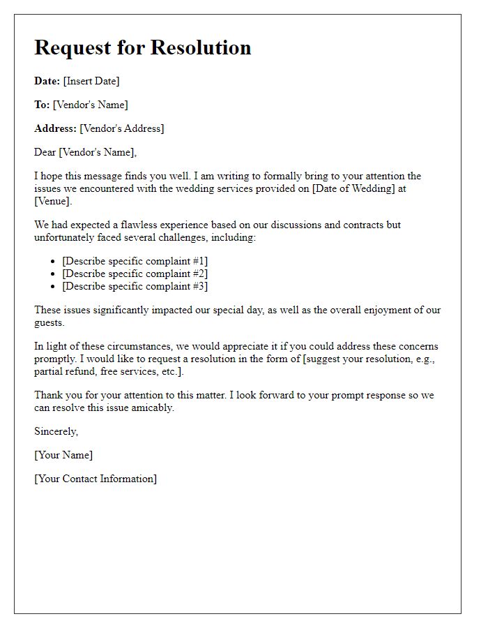 Letter template of request for resolution on wedding service complaints.