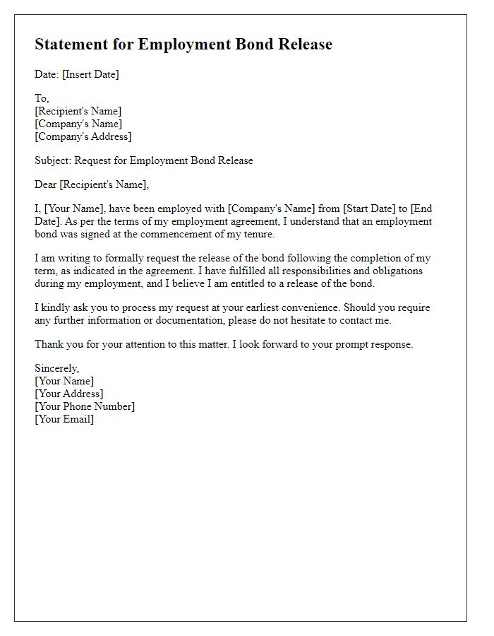 Letter template of Statement for Employment Bond Release