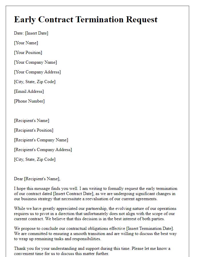 Letter template of early contract termination request due to changes in business strategy.