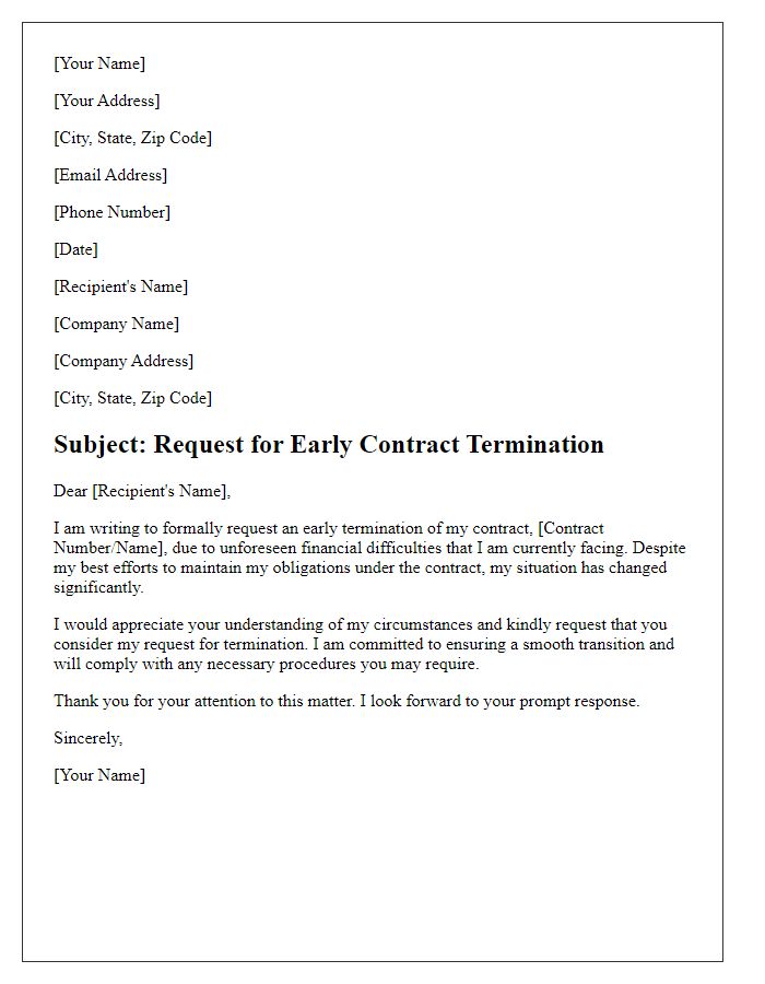 Letter template of early contract termination request for financial difficulties.