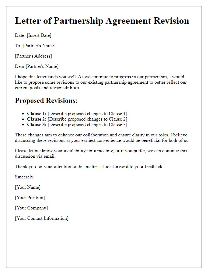 Letter template of partnership agreement revisions