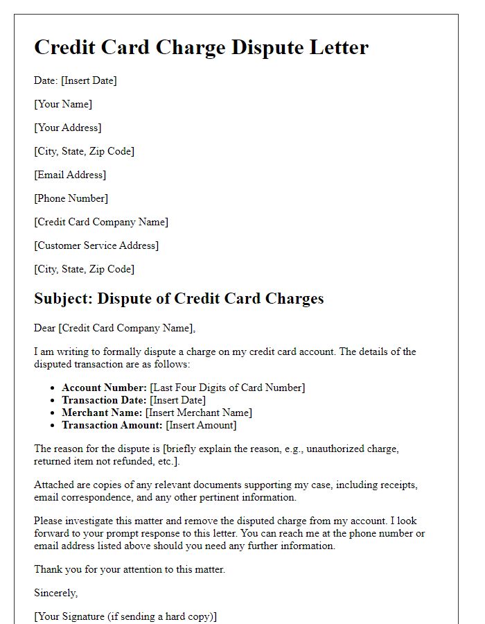 Letter template of credit card charge dispute for disputed merchant charges