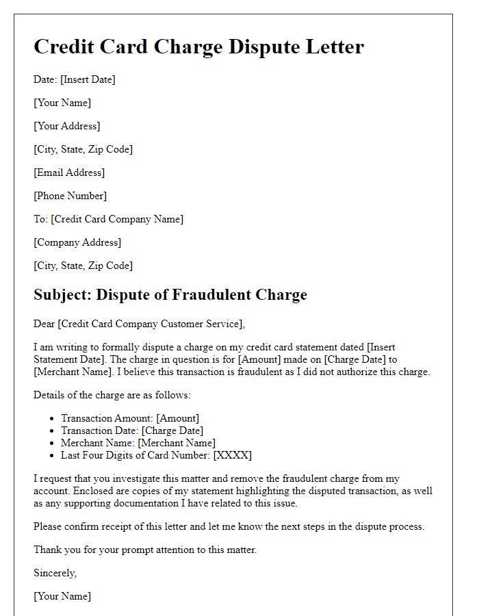 Letter template of credit card charge dispute for fraud protection claim