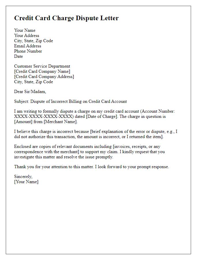 Letter template of credit card charge dispute for incorrect billing