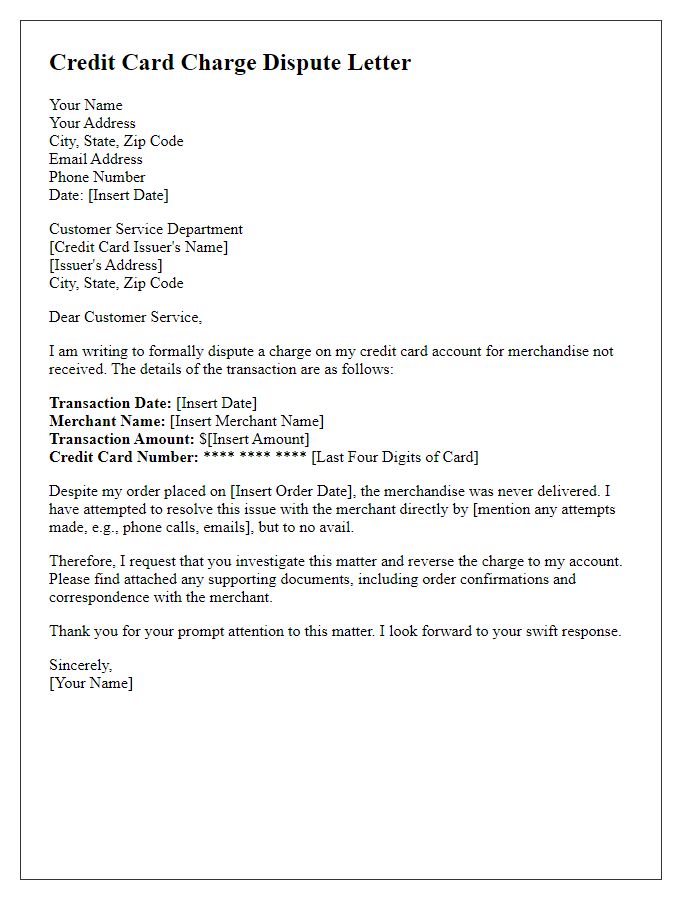 Letter template of credit card charge dispute for merchandise not received