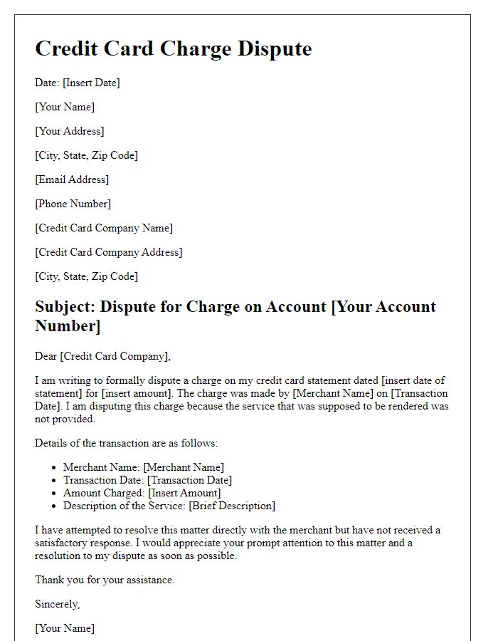 Letter template of credit card charge dispute for service not rendered