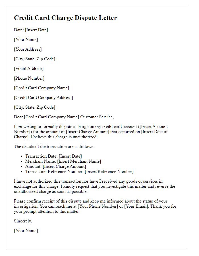 Letter template of credit card charge dispute for unauthorized transactions