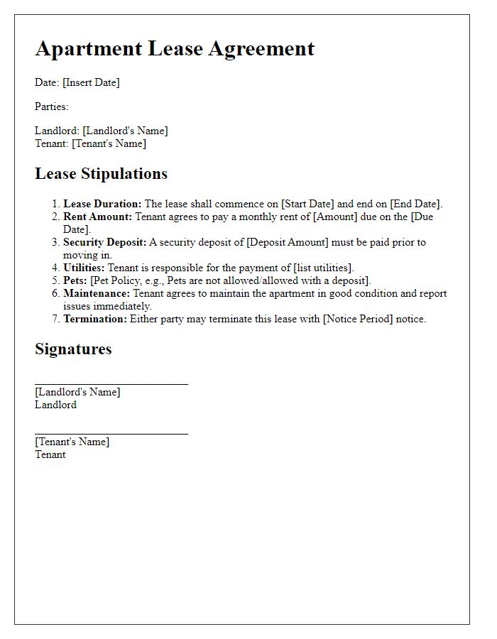 Letter template of Apartment Lease Agreement Stipulations