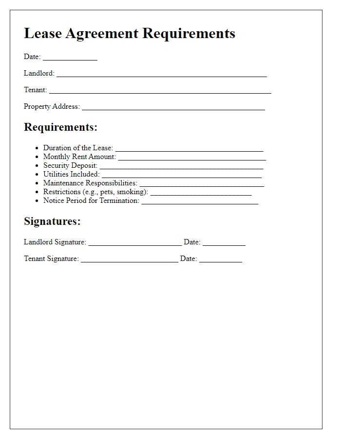 Letter template of Lease Agreement Requirements