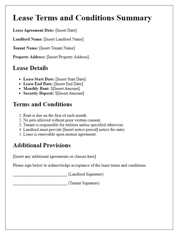 Letter template of Lease Terms and Conditions Summary