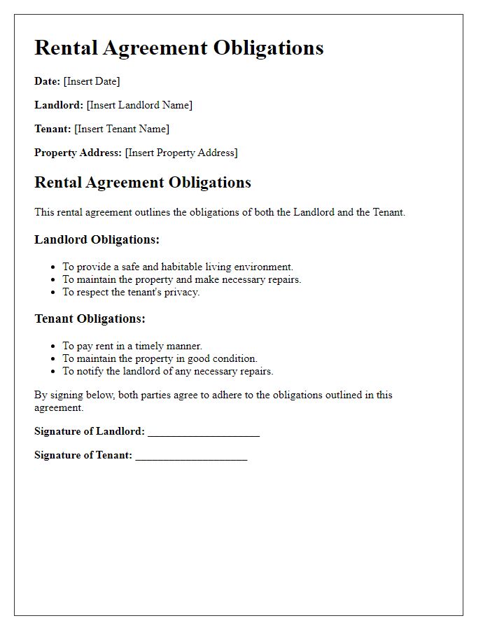 Letter template of Rental Agreement Obligations