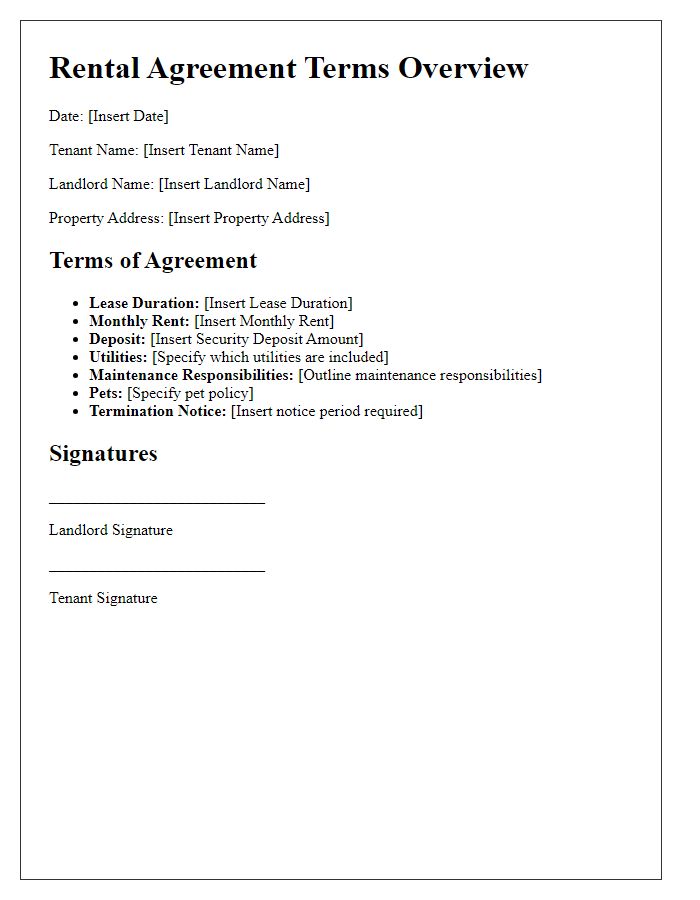 Letter template of Rental Agreement Terms Overview