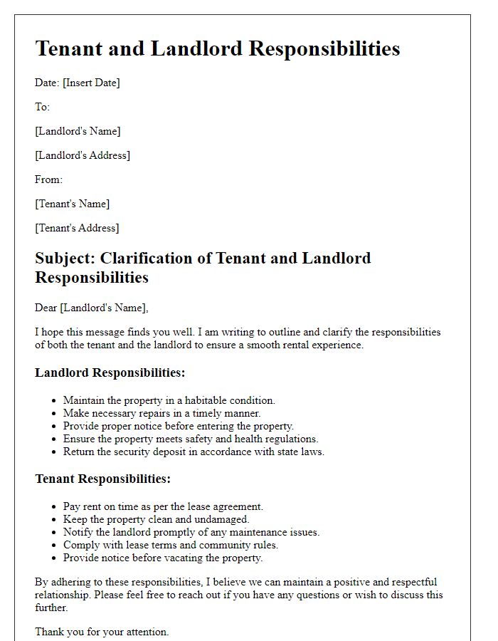 Letter template of Tenant and Landlord Responsibilities