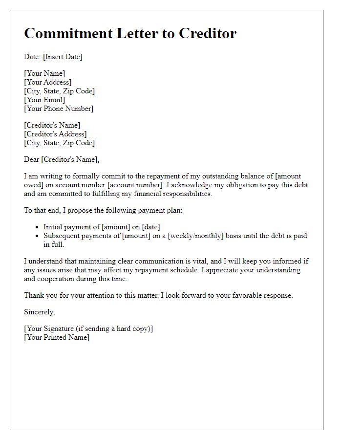 Letter template of commitment to pay to creditor