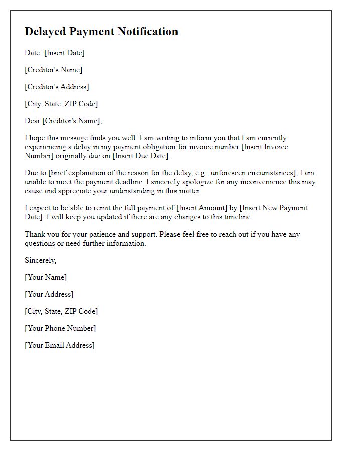 Letter template of delayed payment notification to creditor