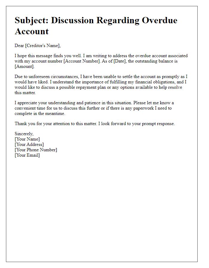 Letter template of overdue account discussion with creditor