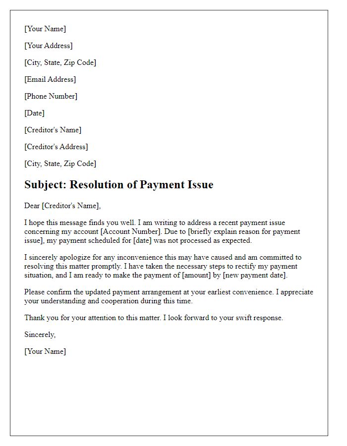 Letter template of payment issue resolution to creditor