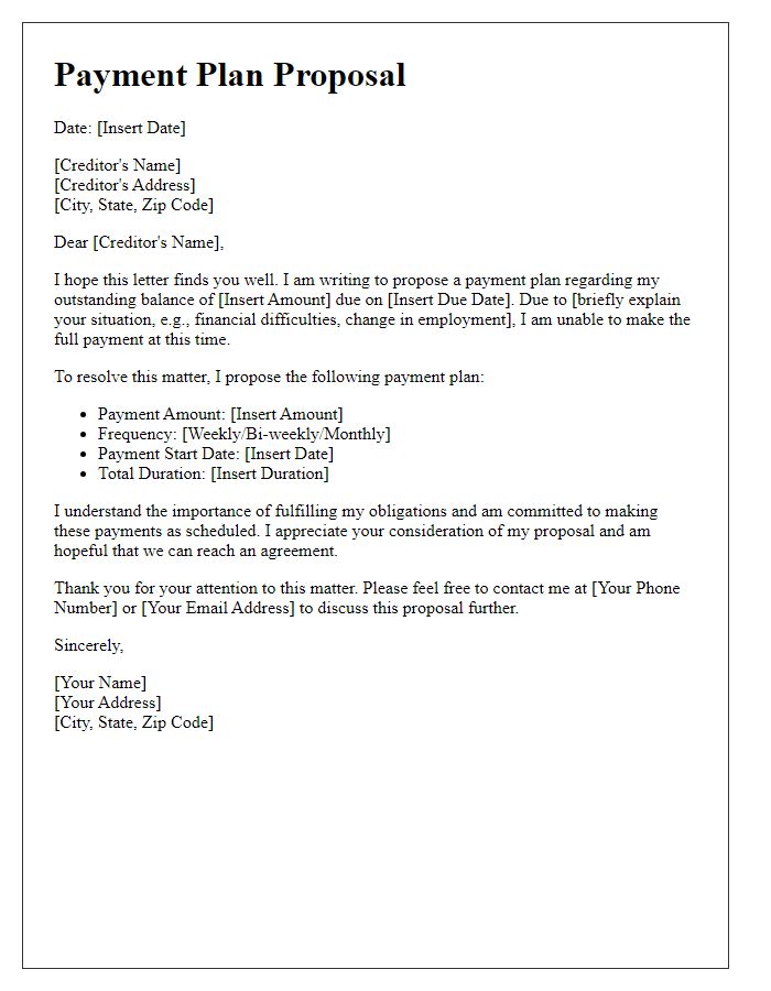 Letter template of payment plan proposal to creditor