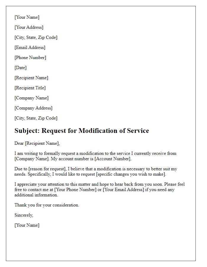 Letter template of formal request for service modification