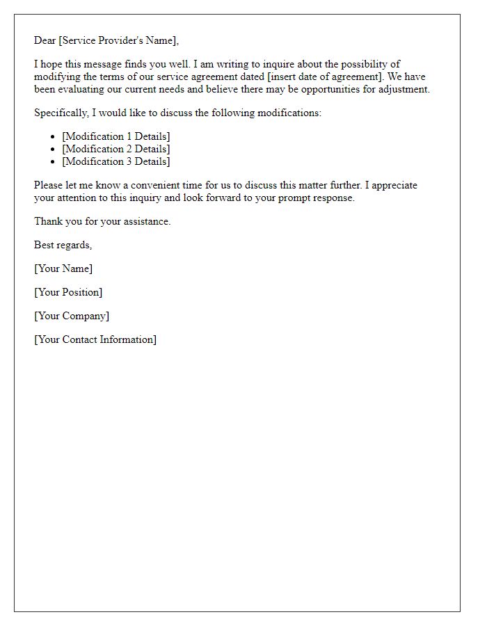 Letter template of inquiry about service term modifications
