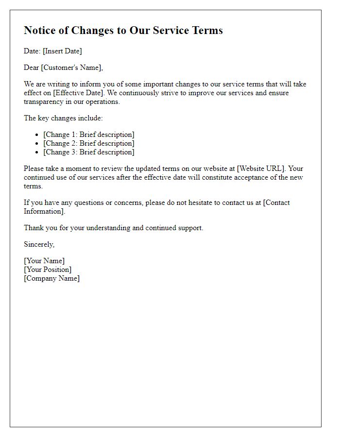 Letter template of notice for changes in service terms