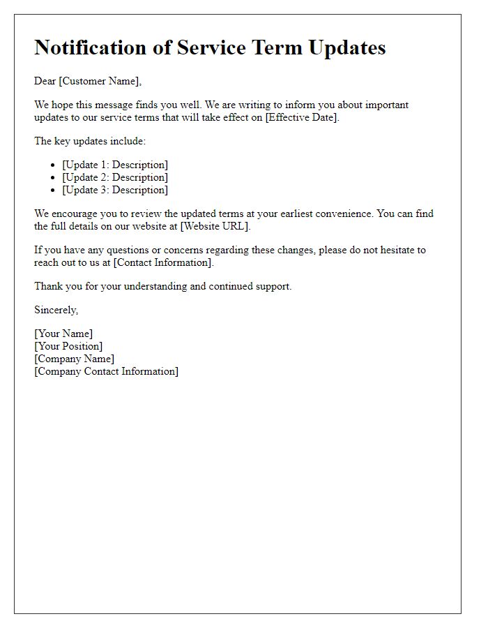 Letter template of notification for service term updates