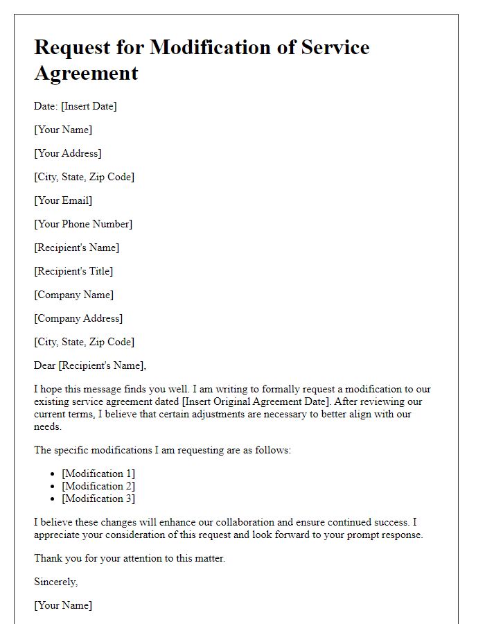 Letter template of request for modification of service agreement