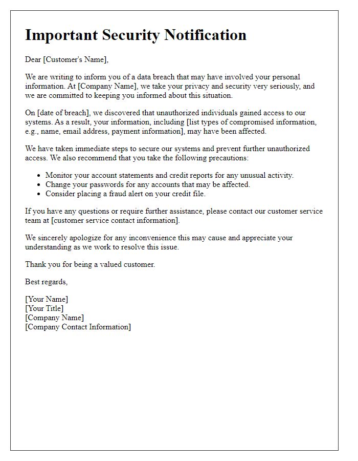 Letter template of data breach communication for customers