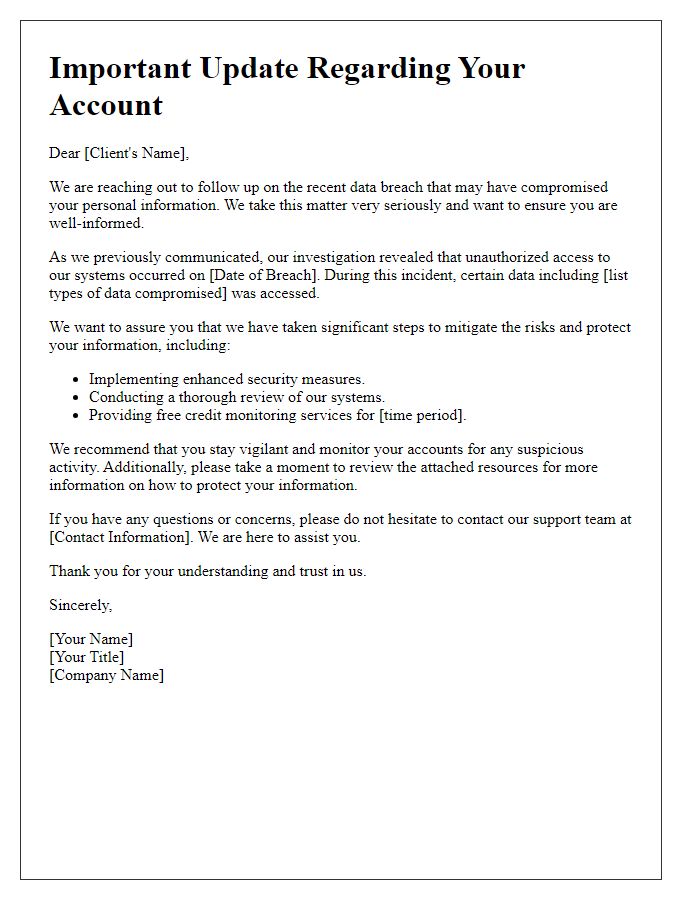 Letter template of data breach follow-up for impacted clients