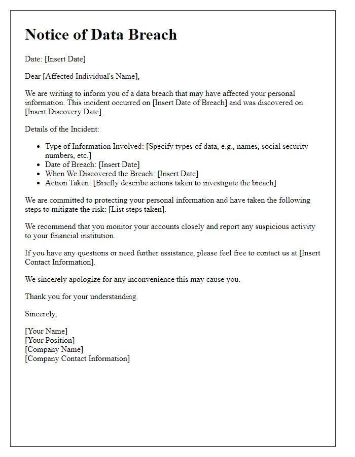 Letter template of data breach notification for affected individuals