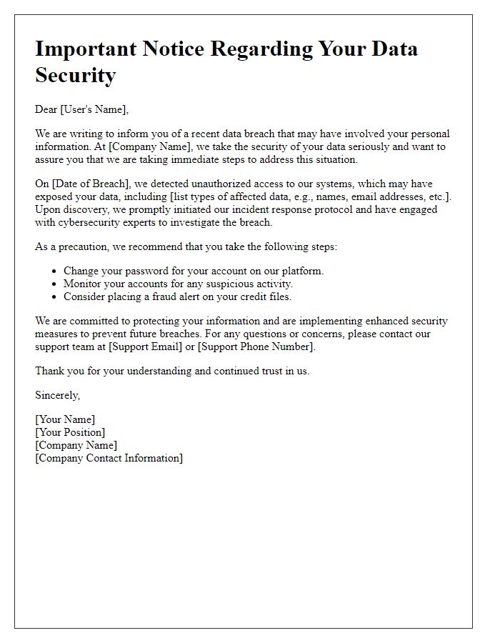 Letter template of data breach remediation notice for users