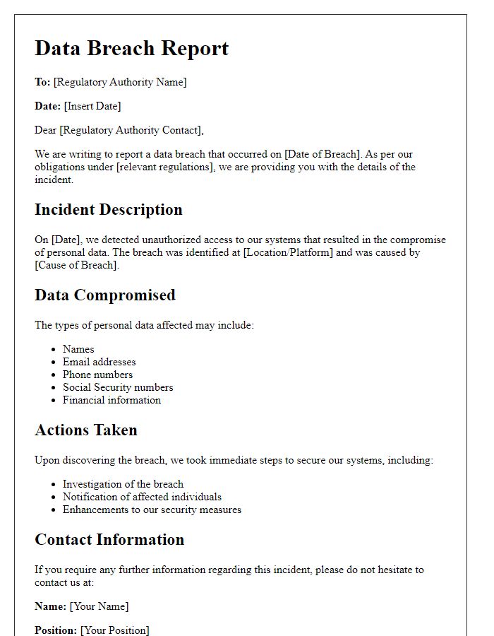 Letter template of data breach report for regulatory authorities