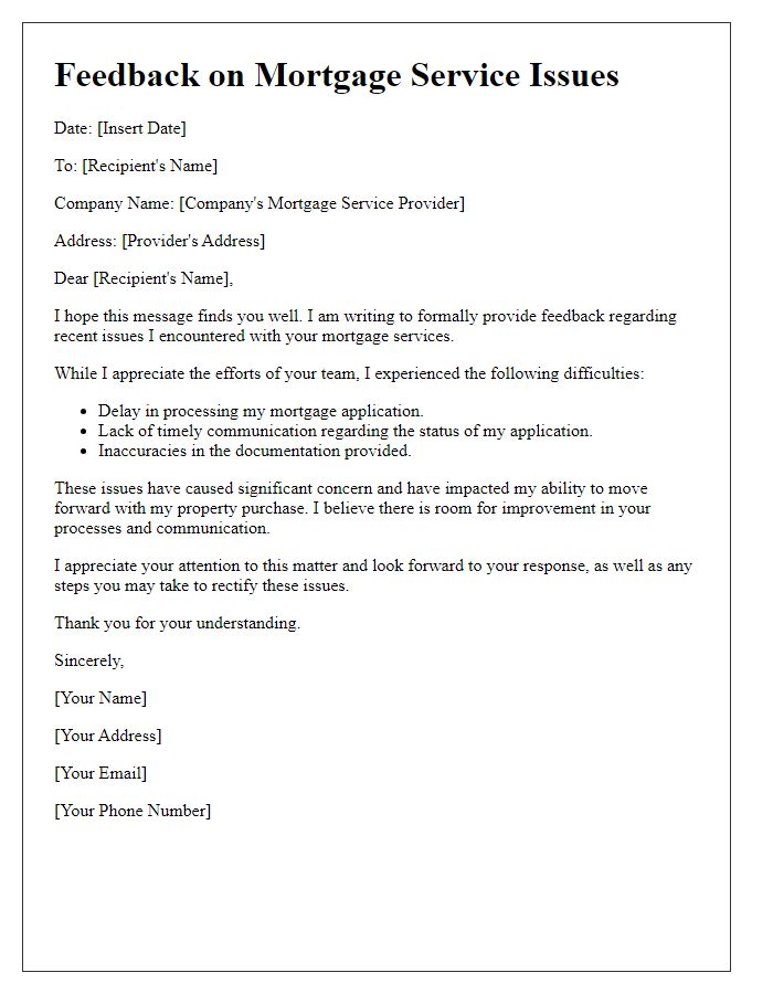 Letter template of feedback on mortgage service issues