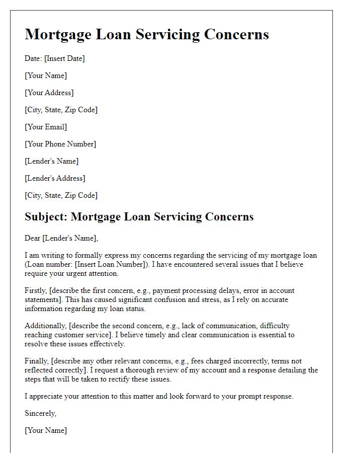 Letter template of mortgage loan servicing concerns