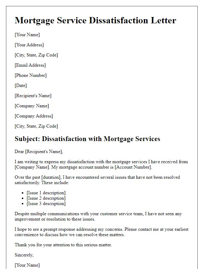 Letter template of mortgage service dissatisfaction