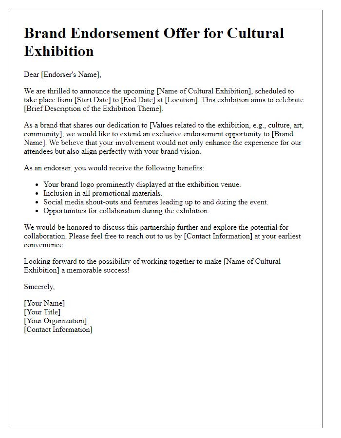 Letter template of brand endorsement offer for cultural exhibition.