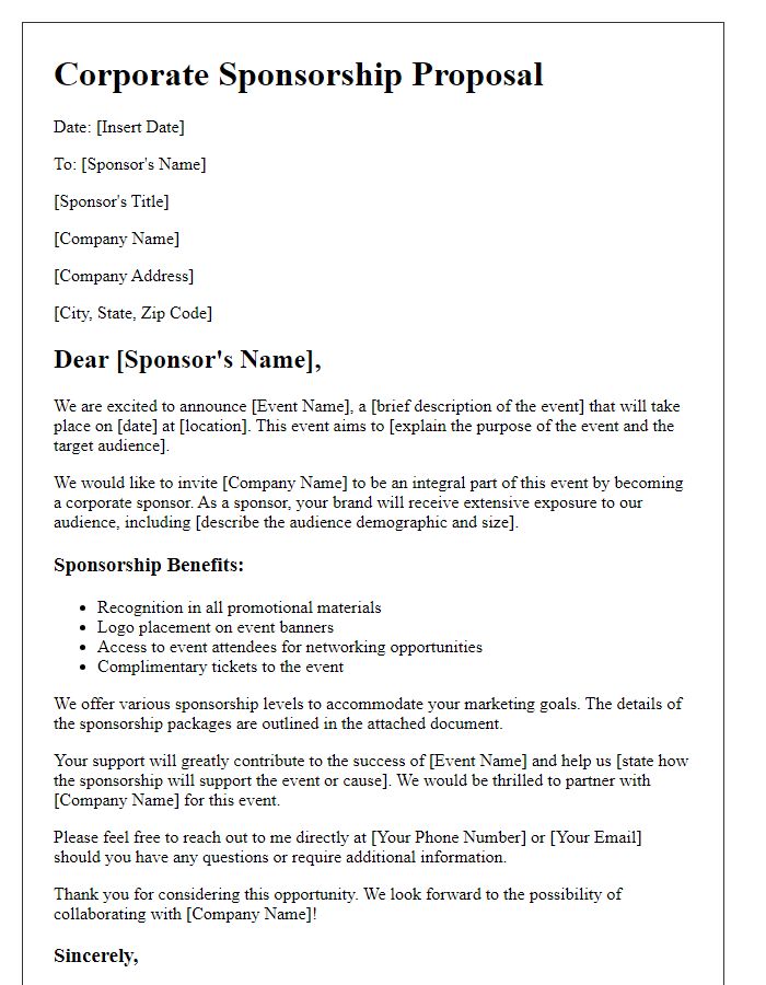 Letter template of corporate sponsorship proposal for local event.