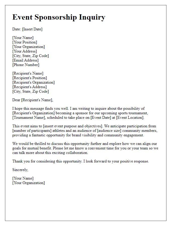 Letter template of event sponsorship inquiry for sports tournament.