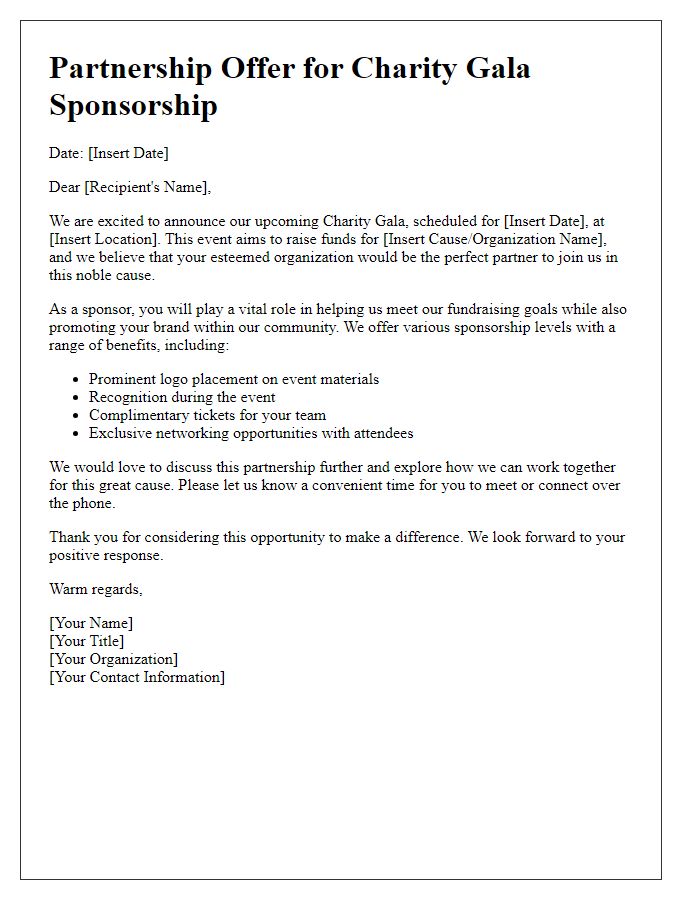 Letter template of partnership offer for charity gala sponsorship.