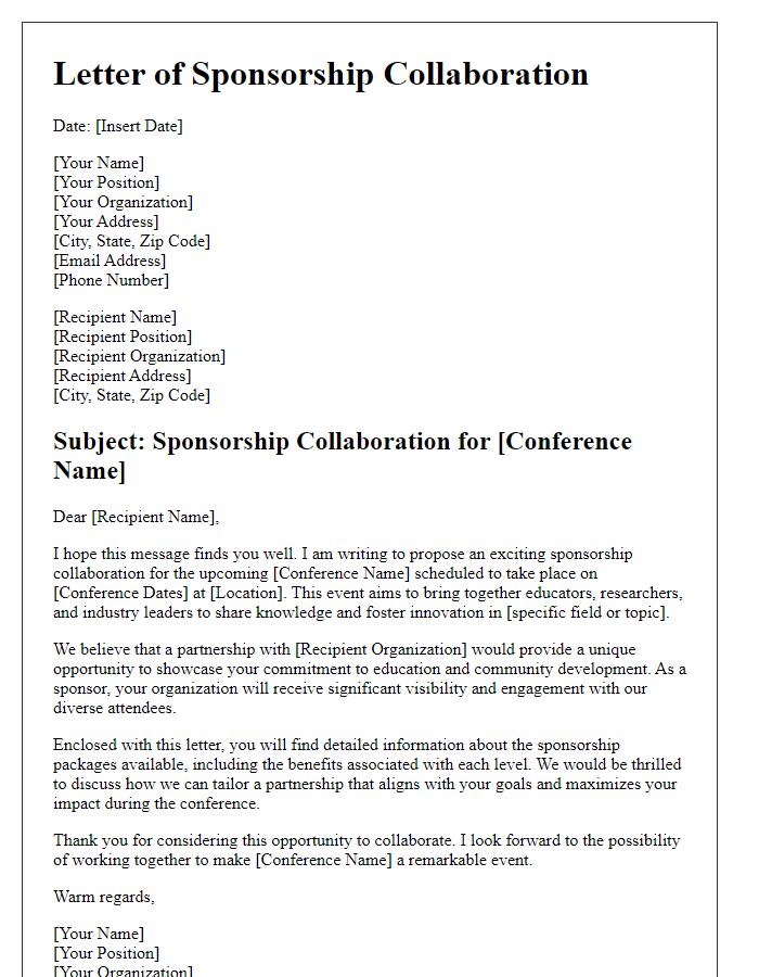 Letter template of sponsorship collaboration for educational conference.