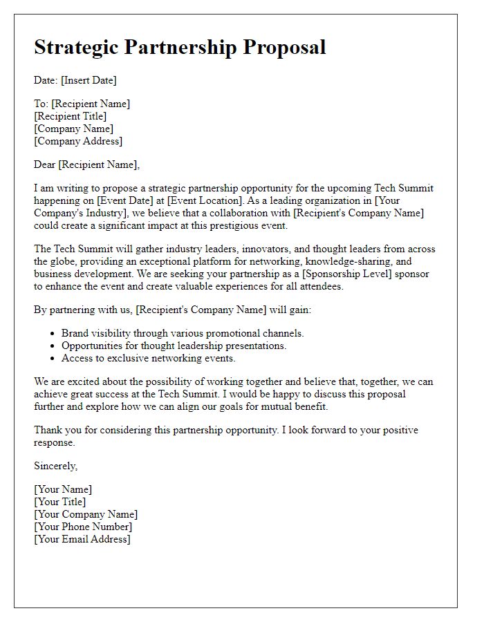 Letter template of strategic partnership proposal for tech summit sponsorship.