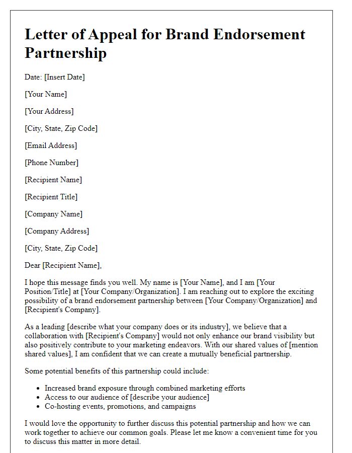 Letter template of appeal for brand endorsement partnership