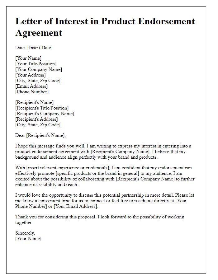 Letter template of interest in product endorsement agreement