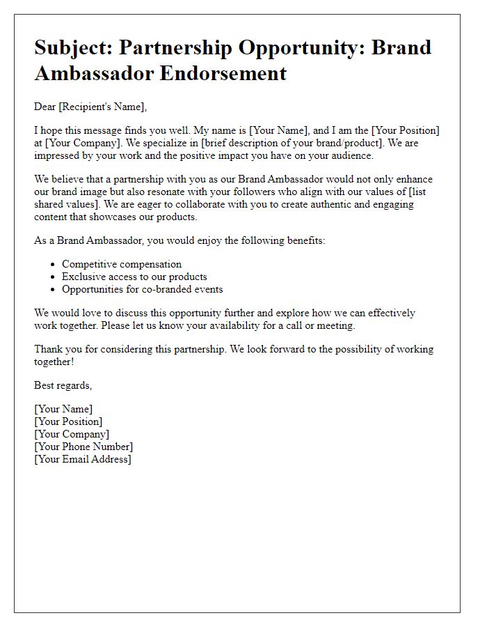 Letter template of pitch for brand ambassador endorsement