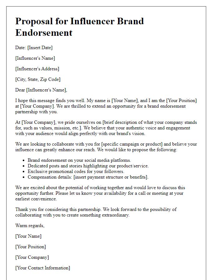 Letter template of proposal for influencer brand endorsement