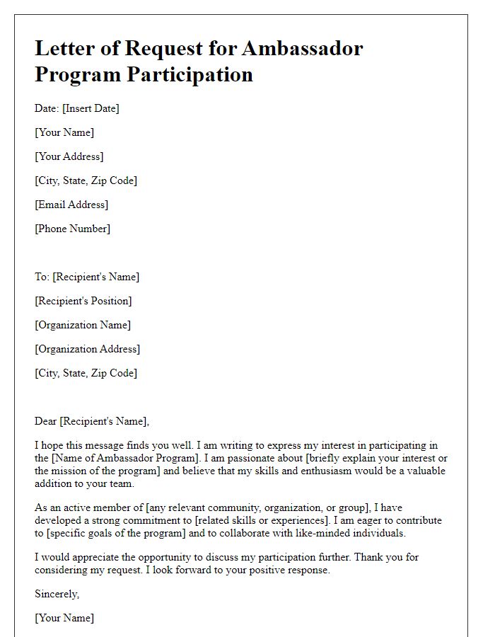 Letter template of request for ambassador program participation