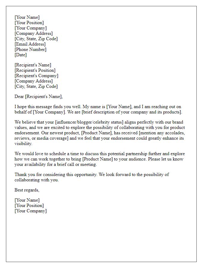 Letter template of solicitation for product endorsement consideration